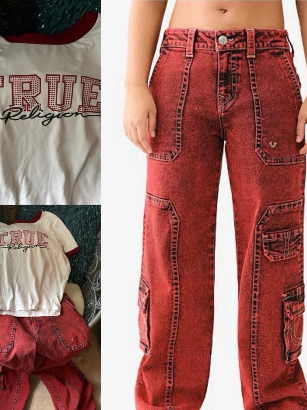 True Religion Red Relaxed Cargo Denim Jeans